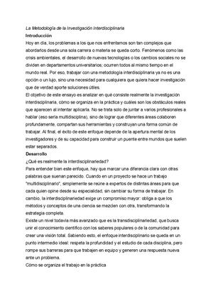 Ensayo: La Metodología de la Investigación Interdisciplinaria