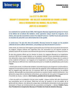 Les 12 et 13 juin 2026, Biocoop et associations : une collecte alimentaire qui change la donne avec le reversement des marges, pas de profit, juste de la solidarité ! - CP Mai 2026