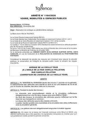 Arrete N 1164-2026-Realisation Sondages Aux Penetrometres Statiques Avenue de la Vieille Tour et rue Pelleton du 18-05 au 05-06-2026 -Publié Le 18 05 2026