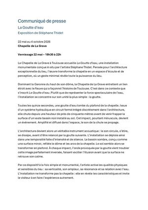 Communiqué de Presse - La Goutte d'eau de Stéphane Thidet