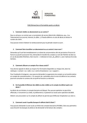 FAQ Démarches et formalités après un décès - Services funéraires, Ville de Paris