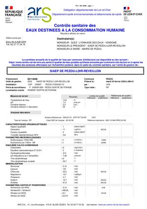 Résultats Analyse eau potable Pezou