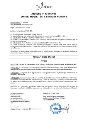 Arrete N 1311-2026-ABROGE ET REMPLACE ARRETE  1241 - Interdiction De Stationnement Rue Alphonse Daudet Publié Le 18 05 2026