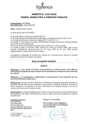 Arrete N 1241-2026-Interdiction De Stationnement Rue Alphonse Daudet-Publié Le 18 05 2026
