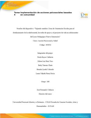 Tarea 4 – Implementación De Acciones Psicosociales Basadas En Comunidad