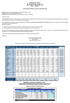 Ajuste Tarifario 2026 - Aguas del Paraíso - Zona Industrial El Paraíso
