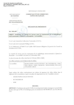 DEC2026 007 TP Décision Président Attrib. Marché Tvx Médiathèque Interco Quincié.