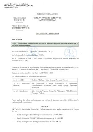 DEC2026 004 TP Décision Président Attribution Marché Tvx Requalif Belvédère Géoscope Mt Brouilly