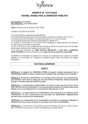 Arrêté 1277 2026 Repas De Rue Le Vendredi 19 06 2026 Rue Paul Lafargue
