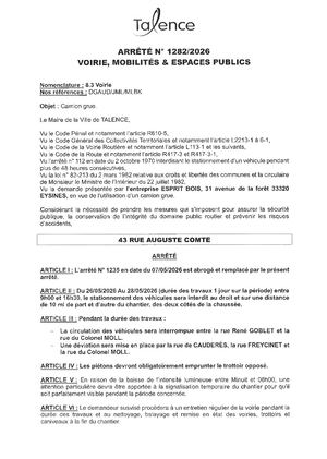 Arrêté 1282 2026 Abroge Le N°1235 Camion Grue 43 Rue Auguste Comte