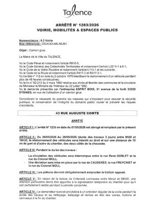 Arrêté 1283 2026 Abroge Le N°1235 Du 07 06 2026 Camion Grue 43 Rue Auguste Comte