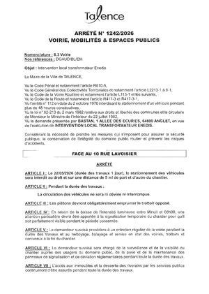 Arrete 1242 2026 Intervention Local Transformateur Enedis Face Au 10 Rue Lavoisier Le 22 05 2026