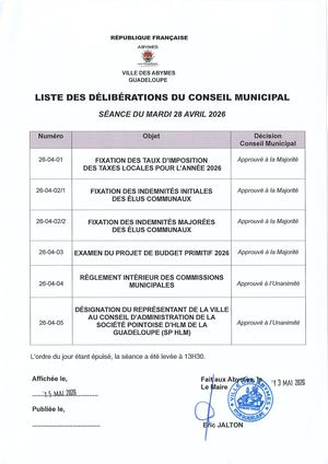 LISTE DES DELIBERATIONS DU  CM - SEANCE DU MARDI 28 AVRIL 2026