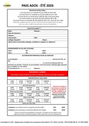 Fiche Inscription Pass Ados éTé 2026 La Fabrique Mjclouveciennes Xlsx Feuil1 (1)