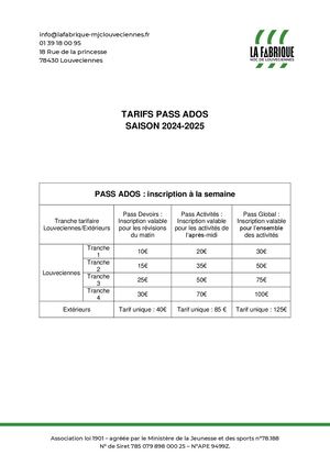 Tarifs Pass Ados 24 25