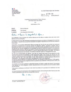 Courrier du chef d’état-major des Armées relatif au Service national