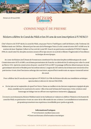 Béziers célèbre le canal du Midi, Communiqué de Presse