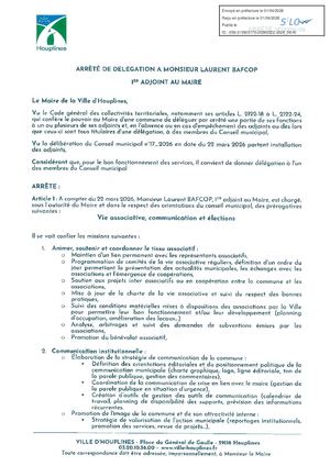Arrêté de délégation  à Laurent Bafcop 1er Adjoint Tampon