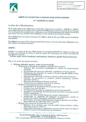 Arrêté de délégation à Anne Sophie Bercker 2è Adjointe Tampon