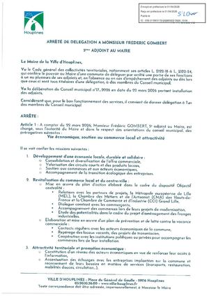 Arrêté de délégation à Frédéric Gombert 5è Adjoint