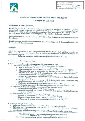 Arrêté de délégation à  Kathy Vanhoutte 6è Adjointe