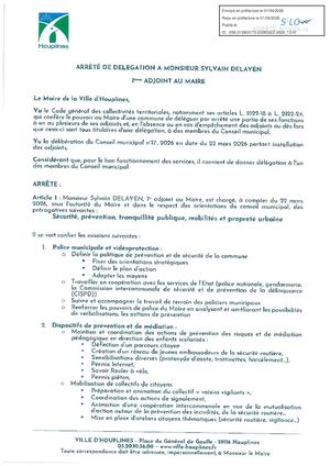 Arrêté de délégation à Sylvain Delayen 7è Adjoint