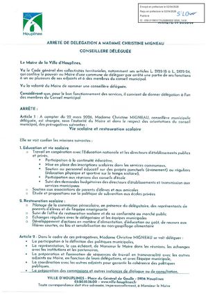 Arrêté de délégation à Christine Migneau Conseillère Déléguée