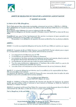 Arrete de délégation de signature Laurent Bafcop 1er Adjoint