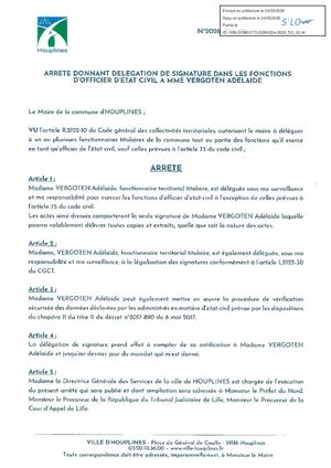 Arrêté de délégation de signature officier d'état civil Adélaide Vergoten