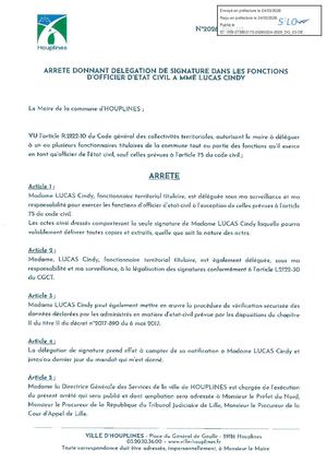 Arrêté de délégation de signature Officier d'état civil Cindy LUCAS