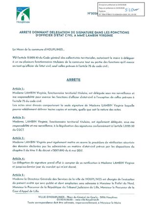 Arrêté de délégation de signature Officier d'état civil Virginie LAMBIN