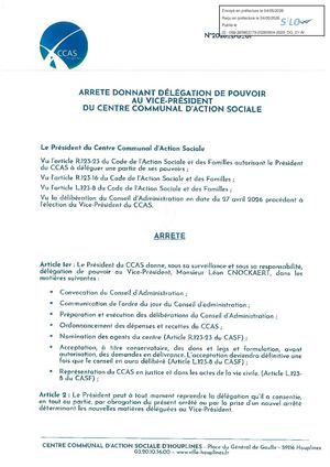 Arrêté donnant délégation de pouvoir au vice-président du CCAS