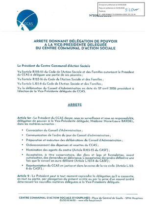 Arrêté donnant délégation de pouvoir à la vice-présidente déléguée du CCAS