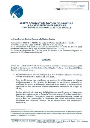 Arrêté donnant délégation de signature à la vice-présidente déléguée du CCAS