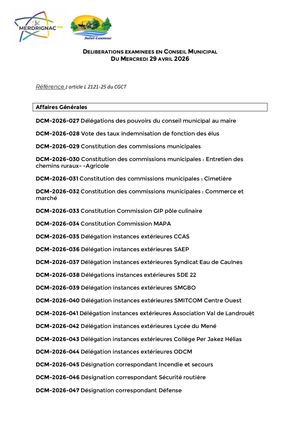 Liste Des Délibérations Examinées En Conseil Municipal 29 04 2026
