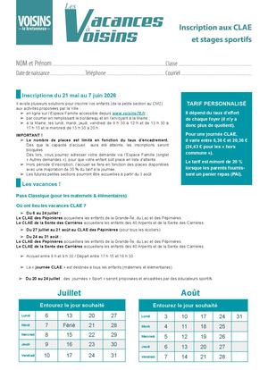 Bordereau Inscription Vacances Clae éTé 2026