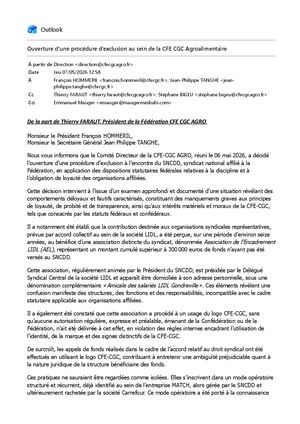 Mail Hommeril Ouverture D’une Procédure D’exclusion Au Sein De La Cfe Cgc Agroalimentaire