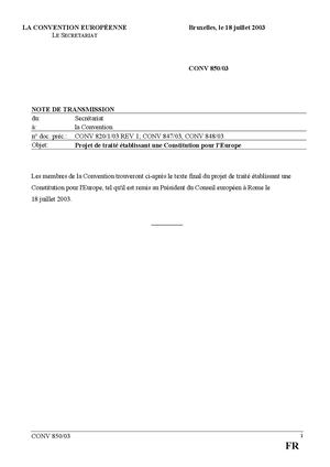 Travaux préparatoires pour une constitution pour l'Europe en lien avec les dispositions transversales du TFUE 1 (Partie I - pp 1 à 408)