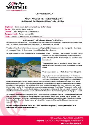 2026 Offre Agent Accueil Petite Enfance Multi Accueil Moûtiers La Lechere 35h