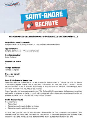 Saint André Recrute Un Responsable De La Programmation Culturelle Et éVénementielle