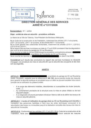 Arrete 1317-2026-Mise En Securite Peril Ordinaire 33 Rue Roustaing-PUbli2 Le 21 05 2026