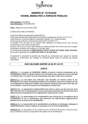 Arrete N 1278-2026-Repas De Rue-Rue Voltaire Le 26-05-2026-Publié Le 21 05 2026