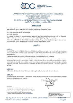 ARP2026-47 Arrêté Modificatif de ARP2026-34 Modalité Orga éLections Vote éLect