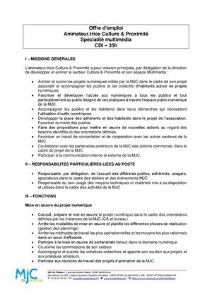 Offre d'emploi Animation Culture & Proximité - Spécialité Multimédia