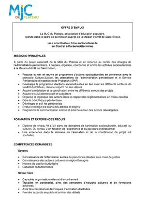 Offre d'emploi Coordination des activités socioculturelles en Maison d'arrêt
