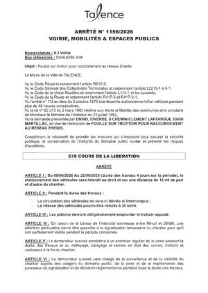 Arrêté 1156-2026-Fouille Sur Trottoir Pour Raccordement Enedis Du 8 Au 22-06-2026Publié Le 21 05 2026