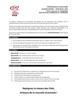 Offre Professeur Vacataire Charcuterie Traiteur Rouen 2026