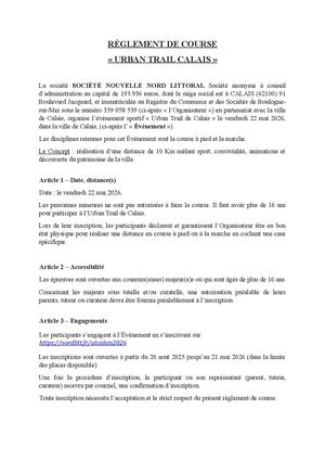 Reglement Urban Trail Calais 2026