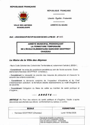 Arrêté N 116 Fermeture Temporaire éCole Narcisse Geoffroy