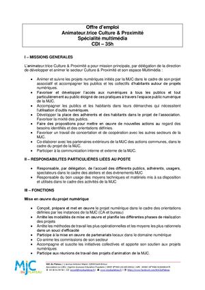 Offre d'emploi Animation Culture & Proximité - Spécialité Multimédia
